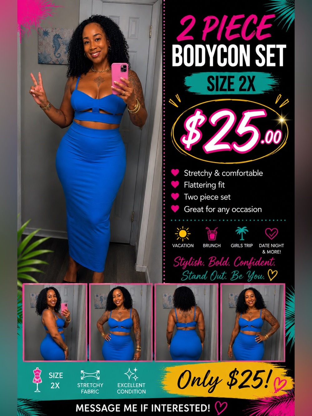 Fashion Nova Blue Two-Piece Bodycon Skirt Set